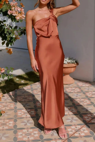 side view of elegant satin maxi dress with one shoulder neckline and flowing fit