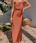 one shoulder sleeveless maxi dress with draped neckline and elegant silhouette