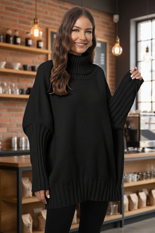 Woman wearing black cozy turtleneck sweater