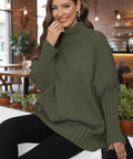 Woman wearing olive green turtleneck pullover