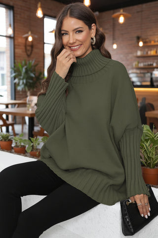 Woman wearing olive green turtleneck pullover