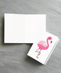 Open Pink Flamingo Greeting Card showing blank inside with vibrant bird print on the right side