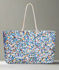 Pixel mosaic oversized weekender tote bag with cream rope handles