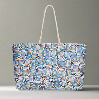 Pixel mosaic oversized weekender tote bag with cream rope handles