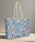 Side view of colorful pixel print tote with large capacity