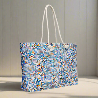 Side view of colorful pixel print tote with large capacity