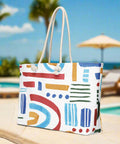 Side view of colorful rainbow arc travel tote with rope handles