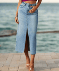 Raw Hem Front Slit Denim Midi Skirt – Casual Chic with Pockets - Post & Poppy