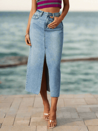 Raw Hem Front Slit Denim Midi Skirt – Casual Chic with Pockets - Post & Poppy
