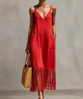 woman wearing red fringe hem maxi dress for tropical vacation and cruise outfits
