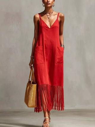 woman wearing red fringe hem maxi dress for tropical vacation and cruise outfits