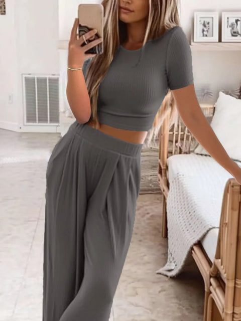 Short Sleeve Lounge Set with Wide Leg Pants - Post & Poppy