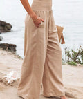 sand elastic waist wide leg pants with relaxed fit and pockets