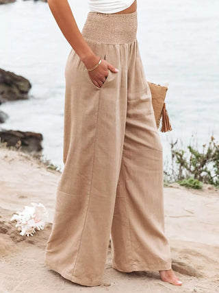 sand elastic waist wide leg pants with relaxed fit and pockets