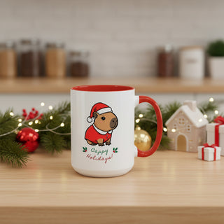 Santa capybara Christmas mug on wooden counter with decor