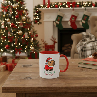 Christmas fireplace scene with Santa capybara mug