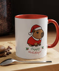 Close-up of Santa capybara ceramic mug with red interior