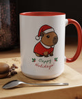 Side view of Santa capybara mug with red handle