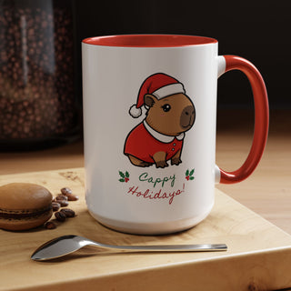 Side view of Santa capybara mug with red handle