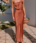 terracotta satin maxi dress with elegant draped neckline for evening events