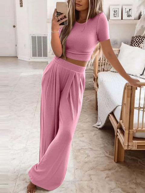 Short Sleeve Lounge Set with Wide Leg Pants - Post & Poppy