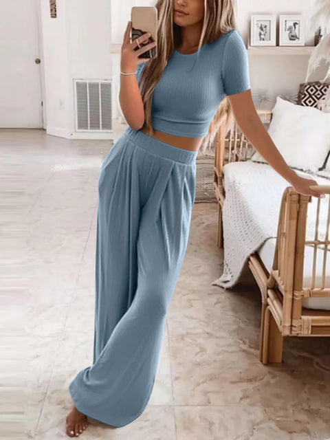 Short Sleeve Lounge Set with Wide Leg Pants - Post & Poppy