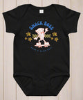 Black baby onesie with 'Snack Boss' pizza graphic on a white background
