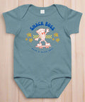 Blue baby onesie with 'Snack Boss' graphic design on a white background