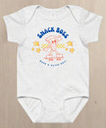 Gray baby onesie with 'Snack Boss' graphic design on a white background