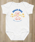 White baby onesie with 'Snack Boss' design on a white background