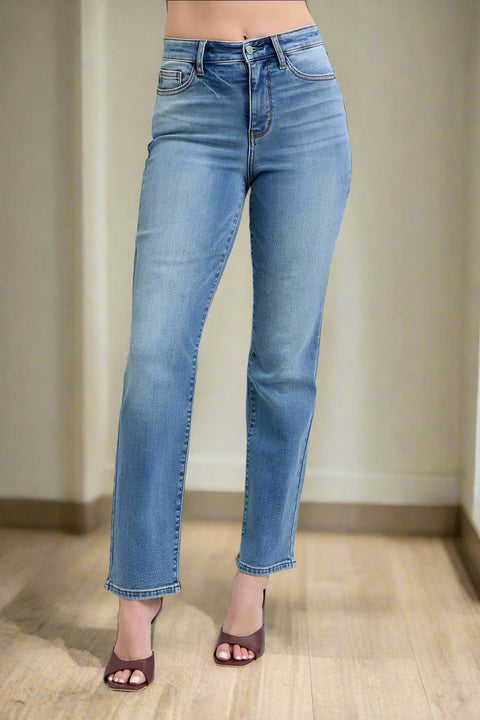 Front close-up of mid rise stretch straight jeans with subtle fading

