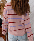 Back view of pink striped drop shoulder sweater for women with loose fit