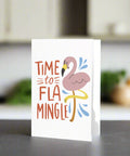 Time to Flamingle greeting card with pink flamingo illustration on modern kitchen counter