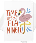 Front of flamingo greeting card with bold text and envelope