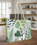  Green leaf print weekender tote bag with rope handles shown from side angle