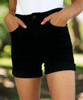 Rolled hem black jean shorts with a flattering fit.