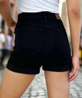 close-up of tummy-smoothing black denim shorts.