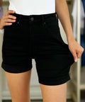 Everyday look featuring tummy control black denim shorts.