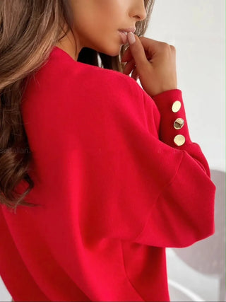 Back view of red lightweight V-neck sweater for women