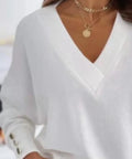 Detail of V-neckline and smooth fabric on white women’s sweater