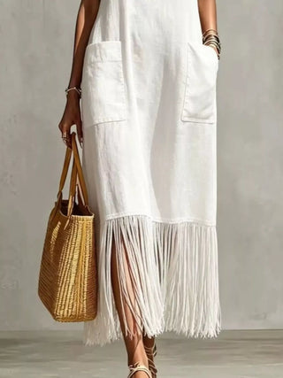 white v neck maxi dress with fringe hem and side pockets