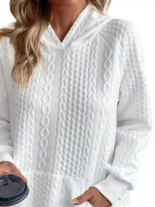 Front view of white textured hoodie with kangaroo pocket