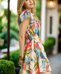 Side view of colorful short sleeve mini dress, casual and breezy style