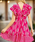 Back view of ruffle sleeve hot pink off-shoulder dress, lightweight and breezy for summer

