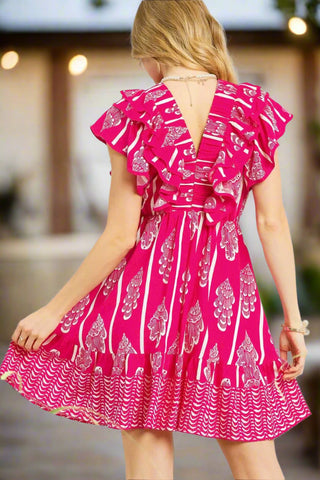 Back view of ruffle sleeve hot pink off-shoulder dress, lightweight and breezy for summer

