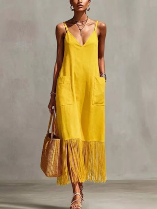woman wearing yellow fringe hem maxi dress for summer vacation outfit